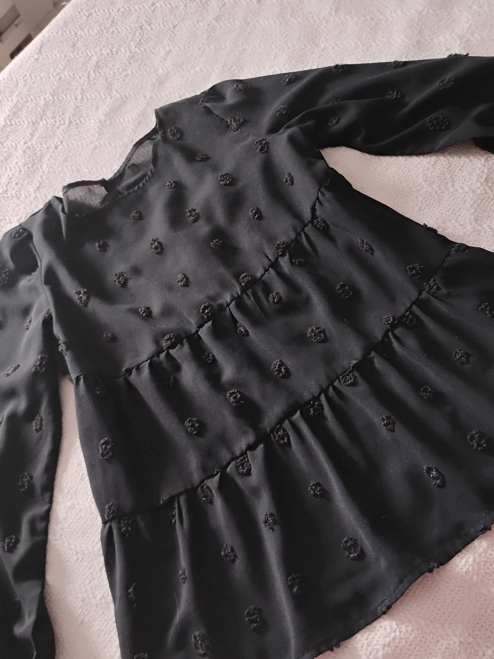 SHEIN Black Textured Tiered Long Sleeve Blouse
